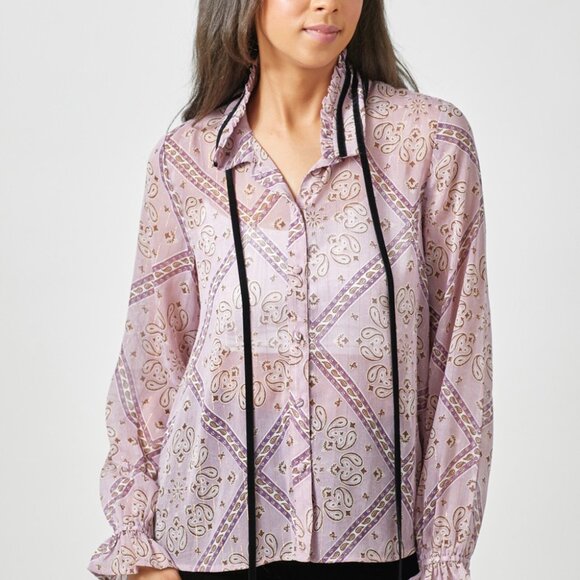 MYSTREE Lavender Paisley Print Blouse, Long Sleeve Tie Neck Top with Ruffle Cuff - Picture 2 of 6